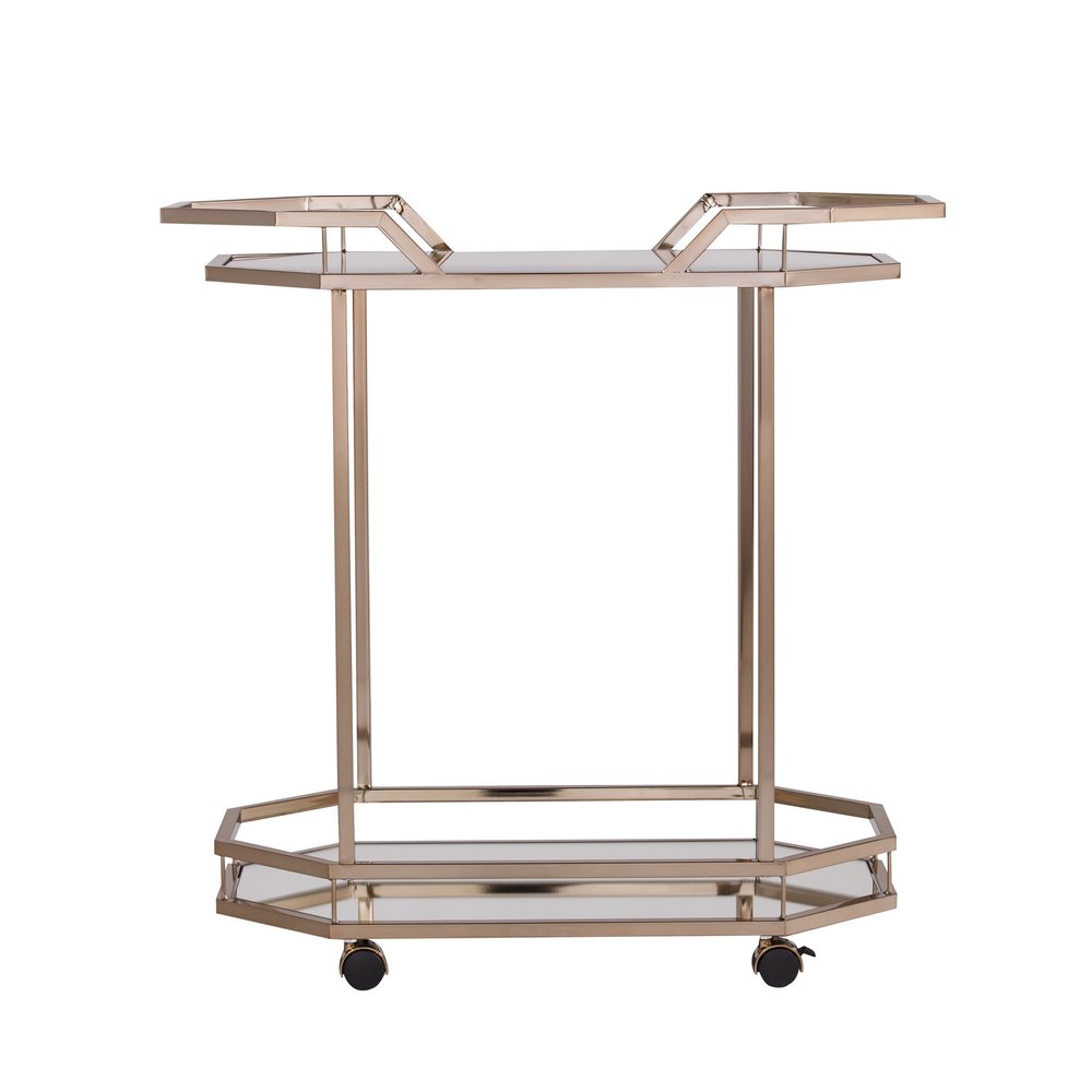 31" Champagne Iron and Mirrored Glass Octagonal Rolling Bar Cart. Bar cart isolated on a plain white background, finished in tan glass.