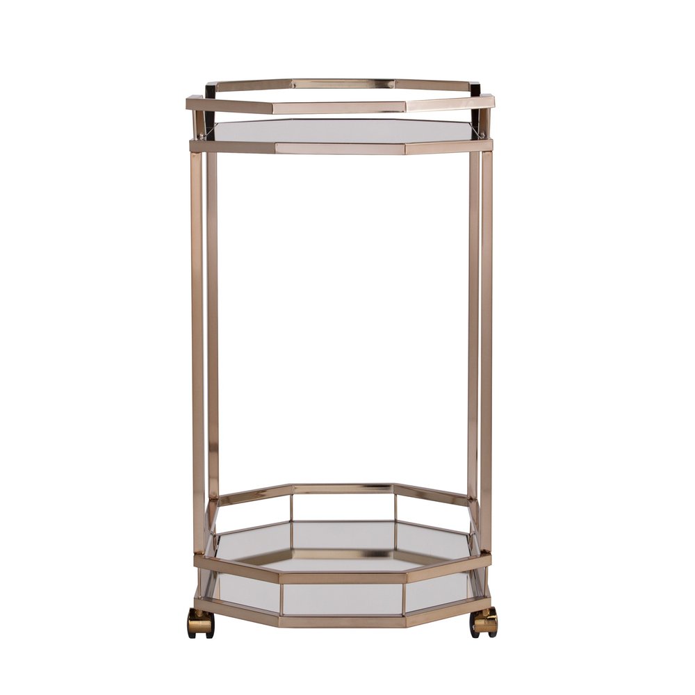 31" Champagne Iron and Mirrored Glass Octagonal Rolling Bar Cart. Bar cart isolated on a plain white background, in a tan glass finish.