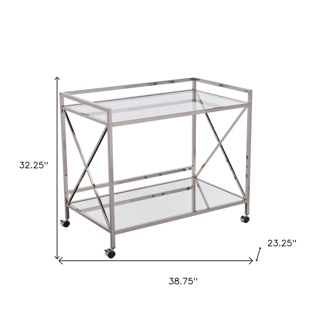 39" Silver Metal and Glass Rolling Bar Cart. Bar cart isolated on a plain white background, finished in silver glass.