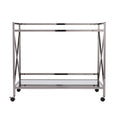 39" Silver Metal and Glass Rolling Bar Cart. Bar cart isolated on a plain white background, in a silver glass finish.