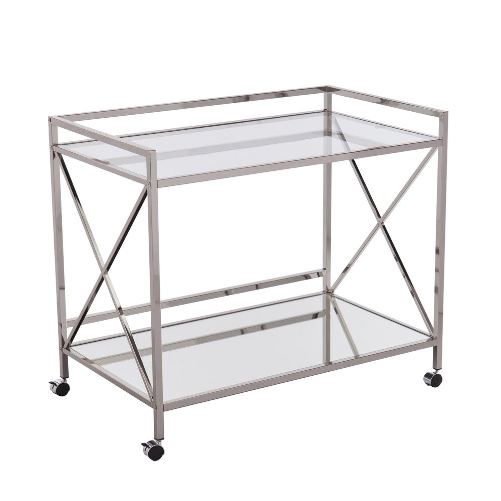 39" Silver Metal and Glass Rolling Bar Cart. Bar cart isolated on a plain white background, finished in silver glass.