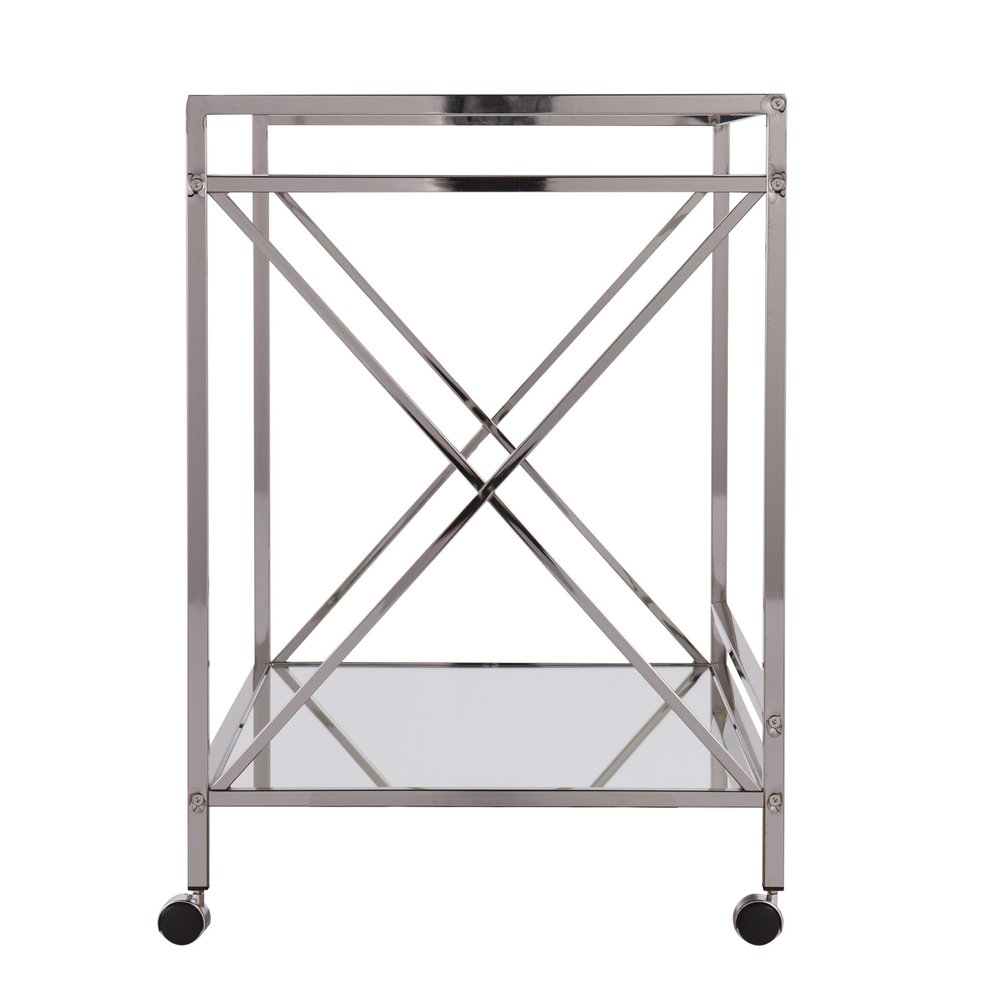 39" Silver Metal and Glass Rolling Bar Cart. Bar cart isolated on a plain white background, showing a silver glass surface.