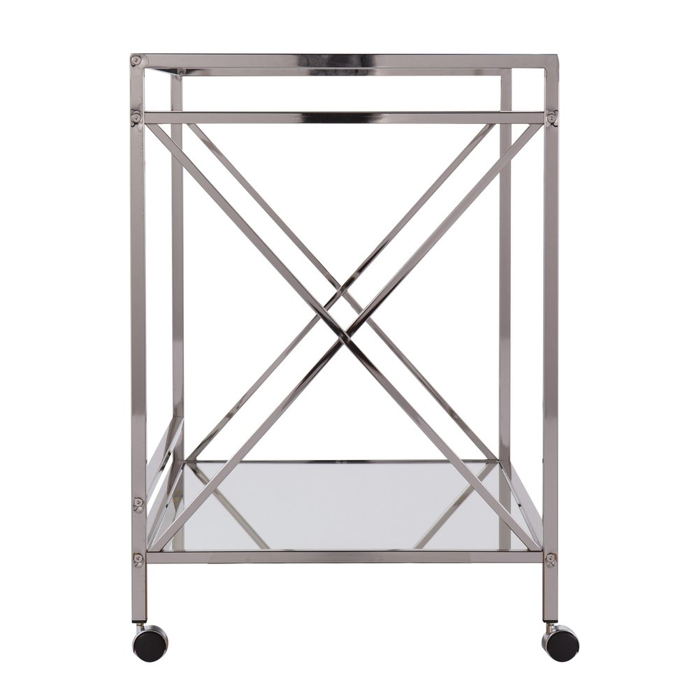39" Silver Metal and Glass Rolling Bar Cart. Bar cart isolated on a plain white background, finished in silver glass.