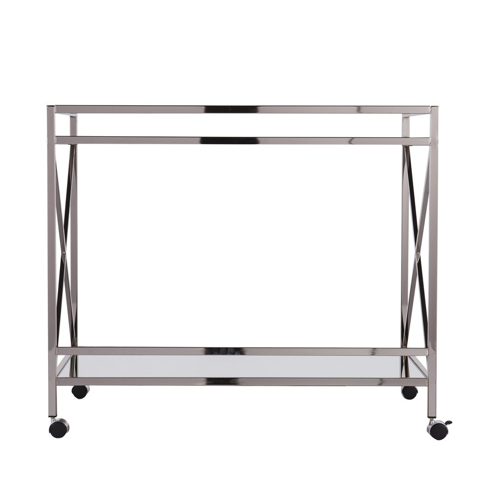 39" Silver Metal and Glass Rolling Bar Cart. Bar cart isolated on a plain white background, showing a silver glass surface.