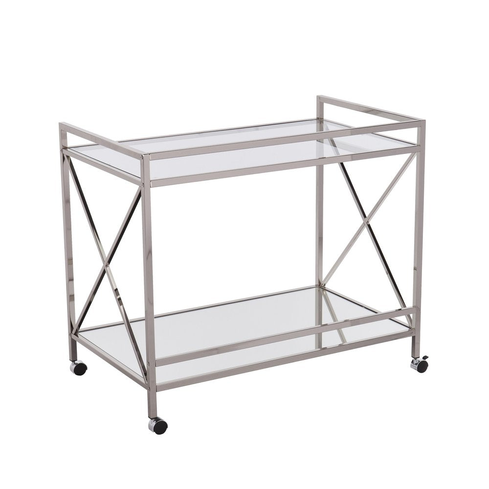 39" Silver Metal and Glass Rolling Bar Cart. Bar cart isolated on a plain white background, in a silver glass finish.