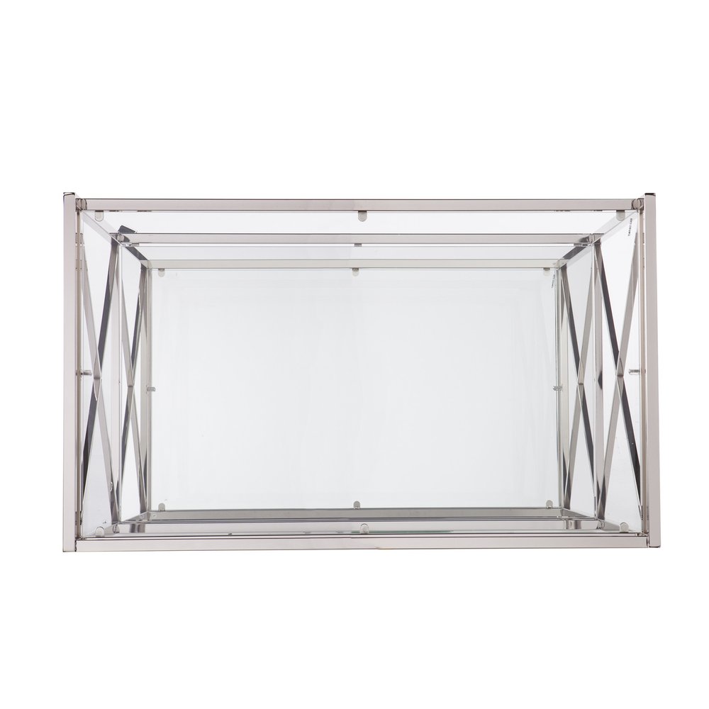 39" Silver Metal and Glass Rolling Bar Cart. Bar cart isolated on a plain white background, showing a silver glass surface.