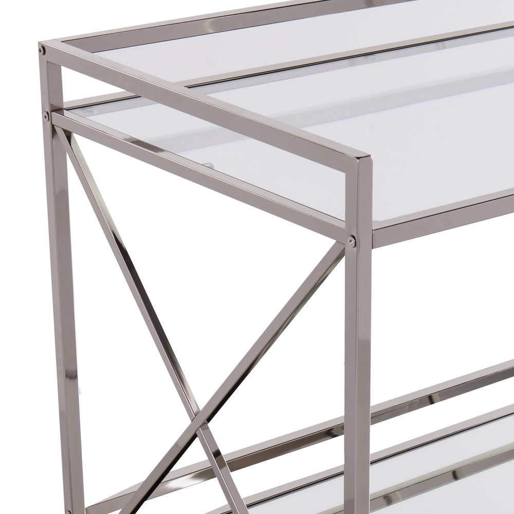 39" Silver Metal and Glass Rolling Bar Cart. Bar cart isolated on a plain white background, in a silver glass finish.