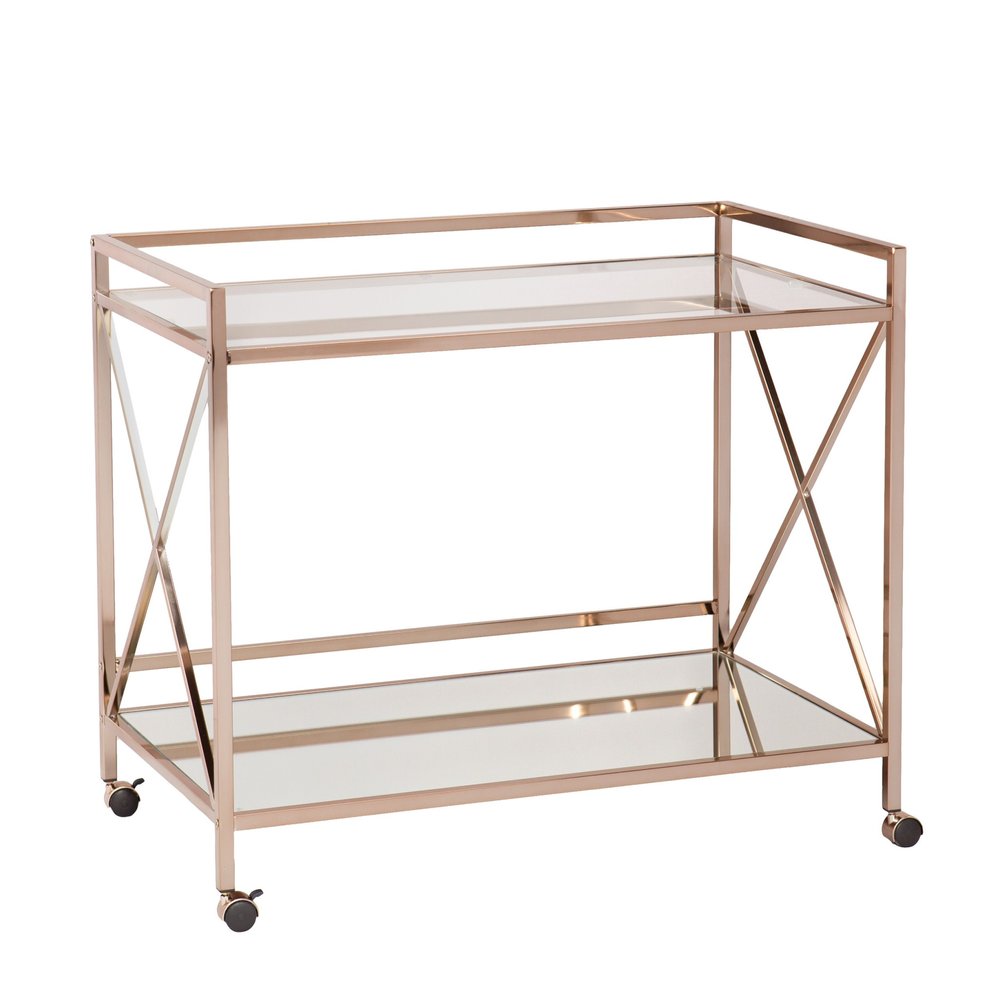 Gold Metal And Glass Rolling Bar Cart on a white background
