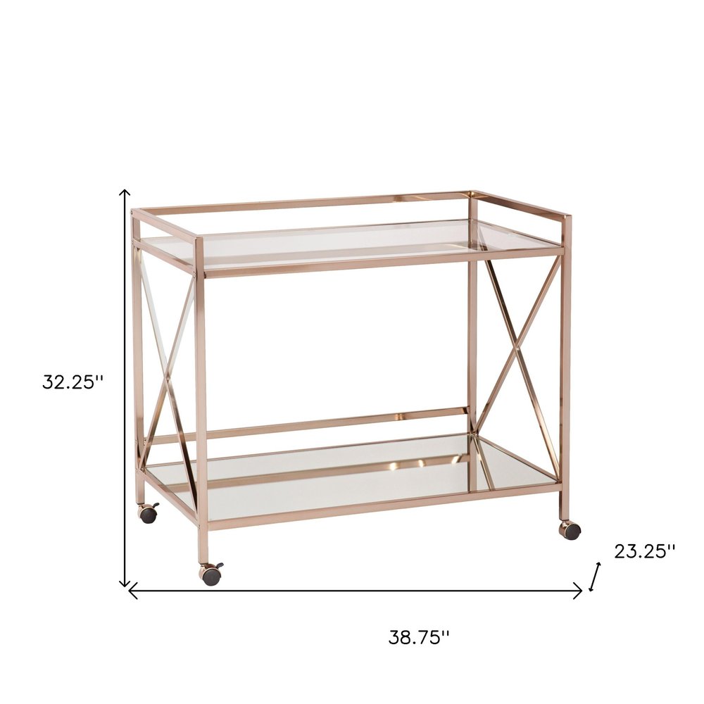 Gold Metal And Glass Rolling Bar Cart on a white background