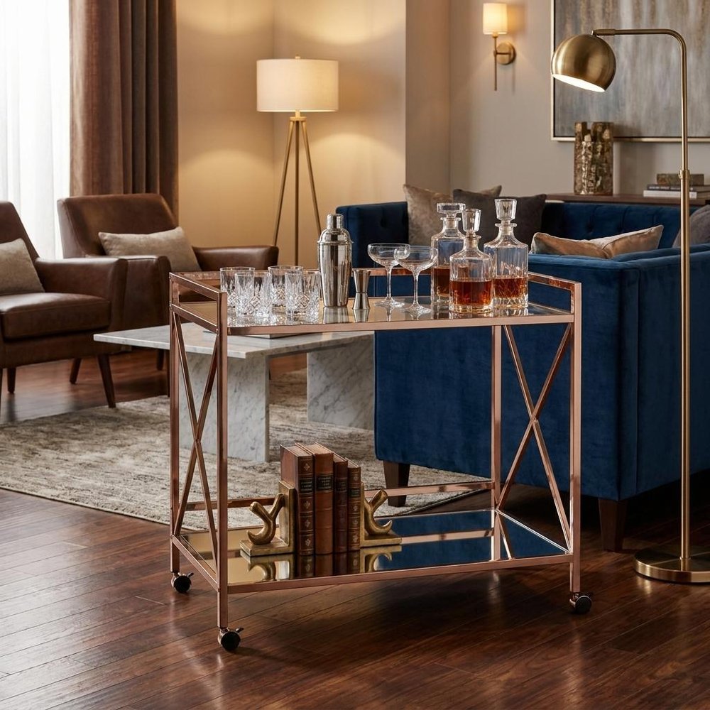 Gold Metal And Glass Rolling Bar Cart in a home interior