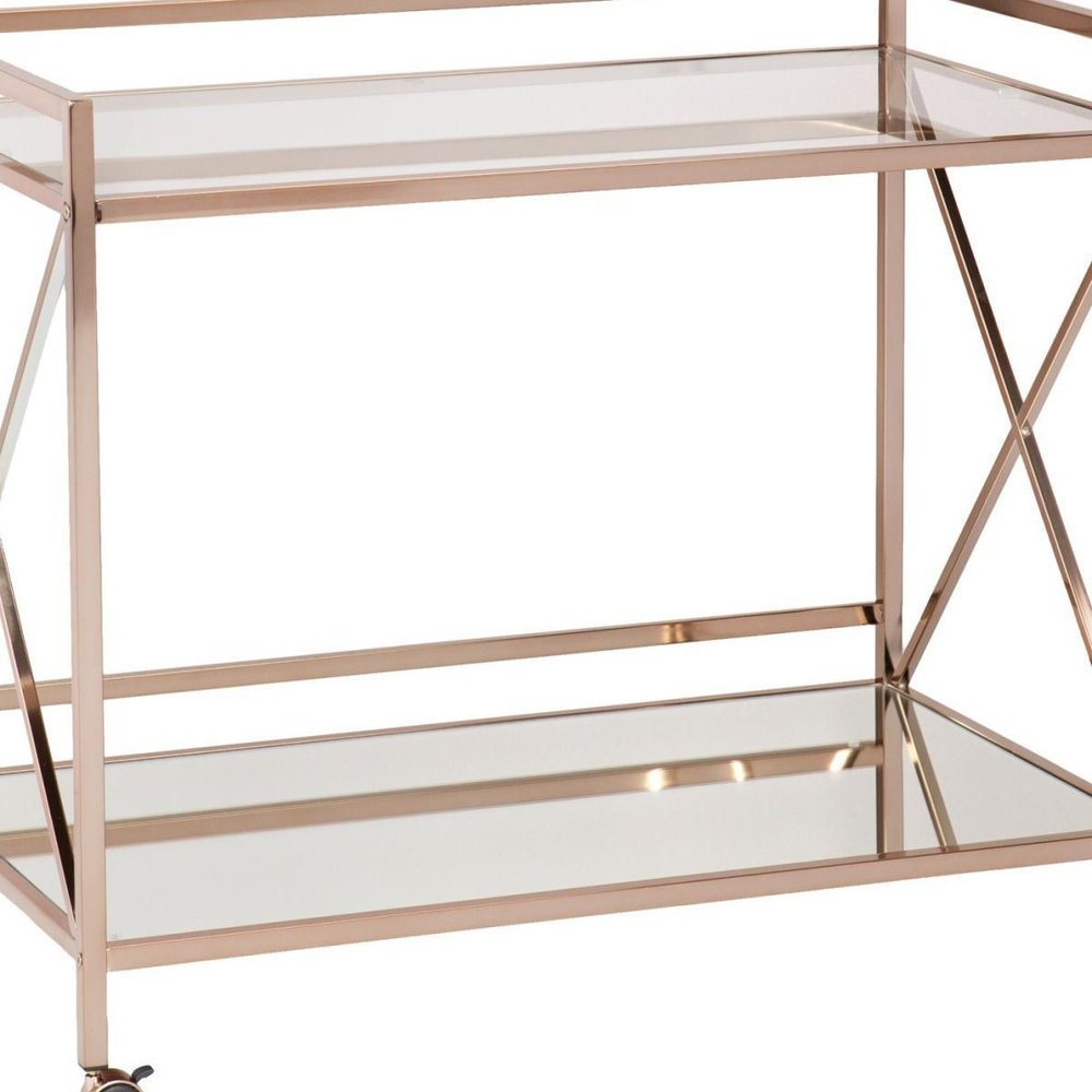 Gold Metal And Glass Rolling Bar Cart on a white background