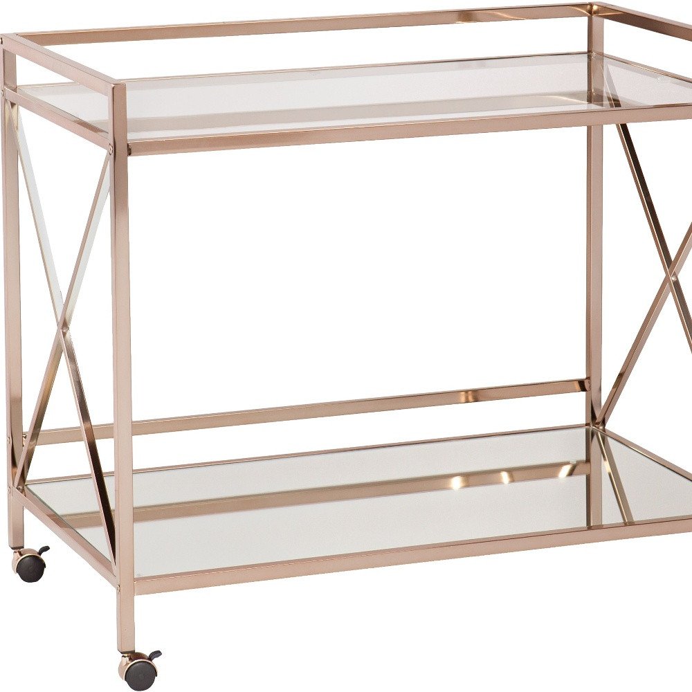 Gold Metal And Glass Rolling Bar Cart on a white background
