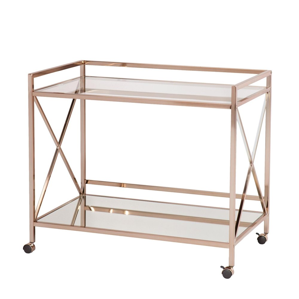 Gold Metal And Glass Rolling Bar Cart on a white background