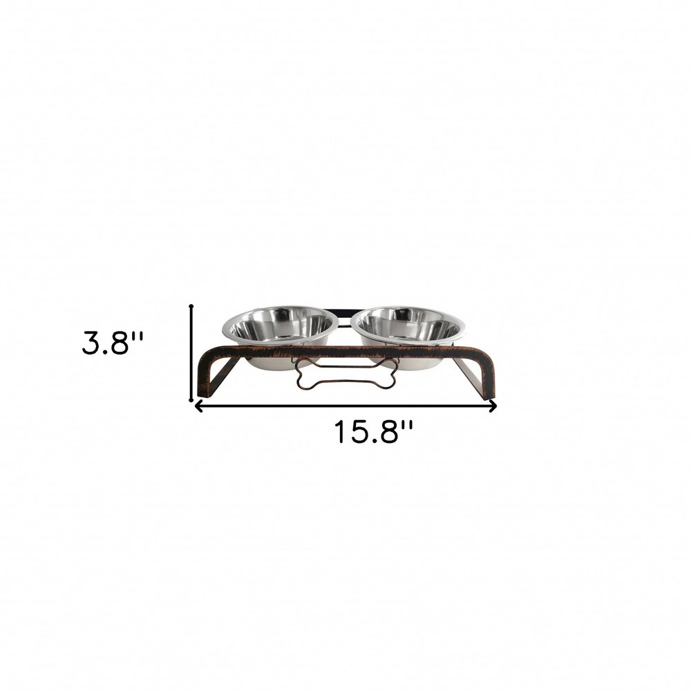Rustic Elevated 16oz Two Bowl Dog Feeding Station on a white background