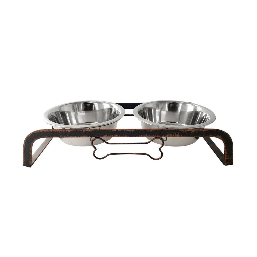Rustic Elevated 16oz Two Bowl Dog Feeding Station on a white background