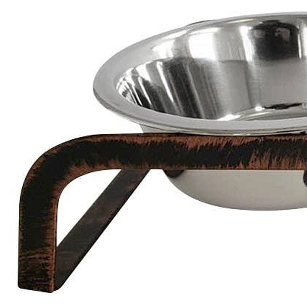 Rustic Elevated 16oz Two Bowl Dog Feeding Station on a white background