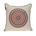 Beige throw pillow with a colorful embroidered mandala design and a dark red trim, on a white background.