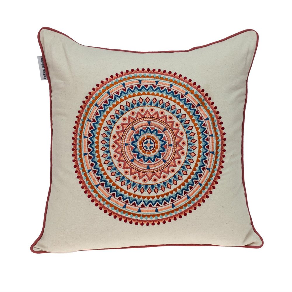 Beige throw pillow with a colorful embroidered mandala design and a dark red trim, on a white background.