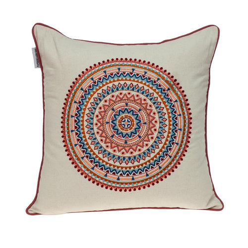 Beige throw pillow with a colorful embroidered mandala design and a dark red trim, on a white background.