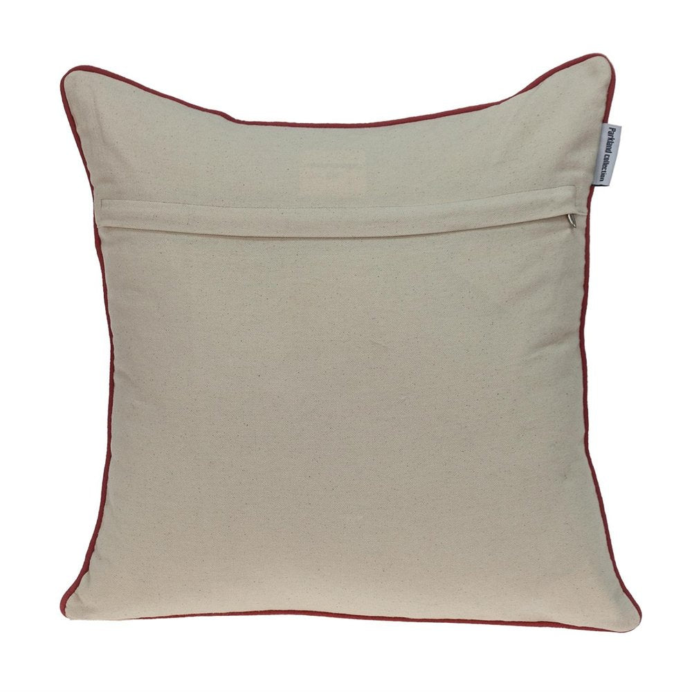 18" X 18" Beige and Blue Abstract Indoor Outdoor Throw Pillow. Outdoor pillow isolated on a plain white background, finished in beige.