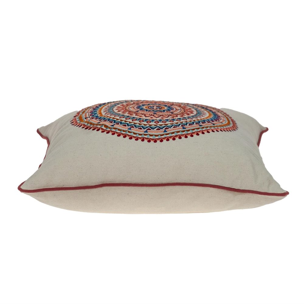 18" X 18" Beige and Blue Abstract Indoor Outdoor Throw Pillow. Outdoor pillow isolated on a plain white background, showing its beige color.