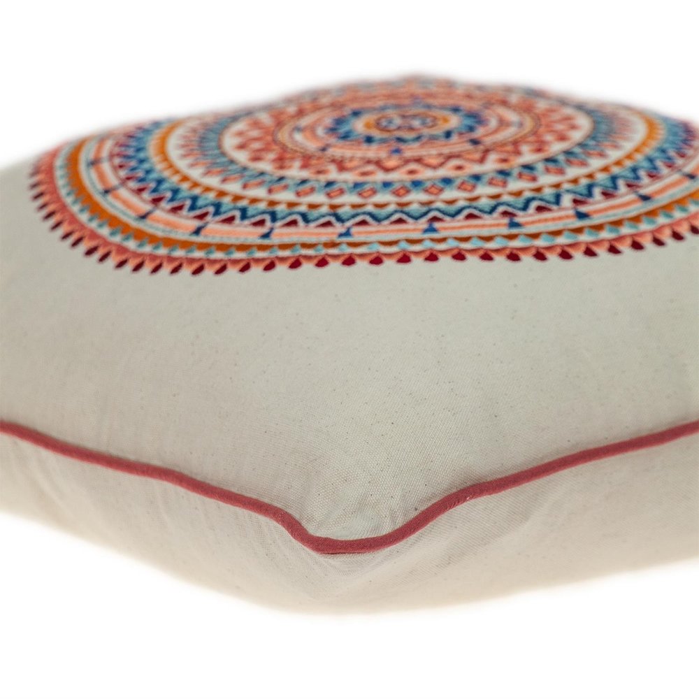 18" X 18" Beige and Blue Abstract Indoor Outdoor Throw Pillow. Outdoor pillow isolated on a plain white background, in a beige finish.