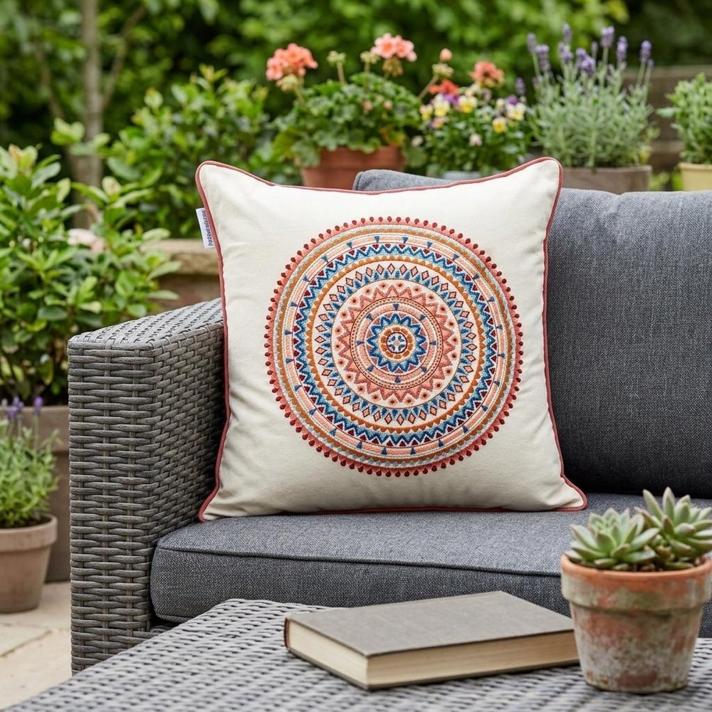 18" X 18" Beige and Blue Abstract Indoor Outdoor Throw Pillow
