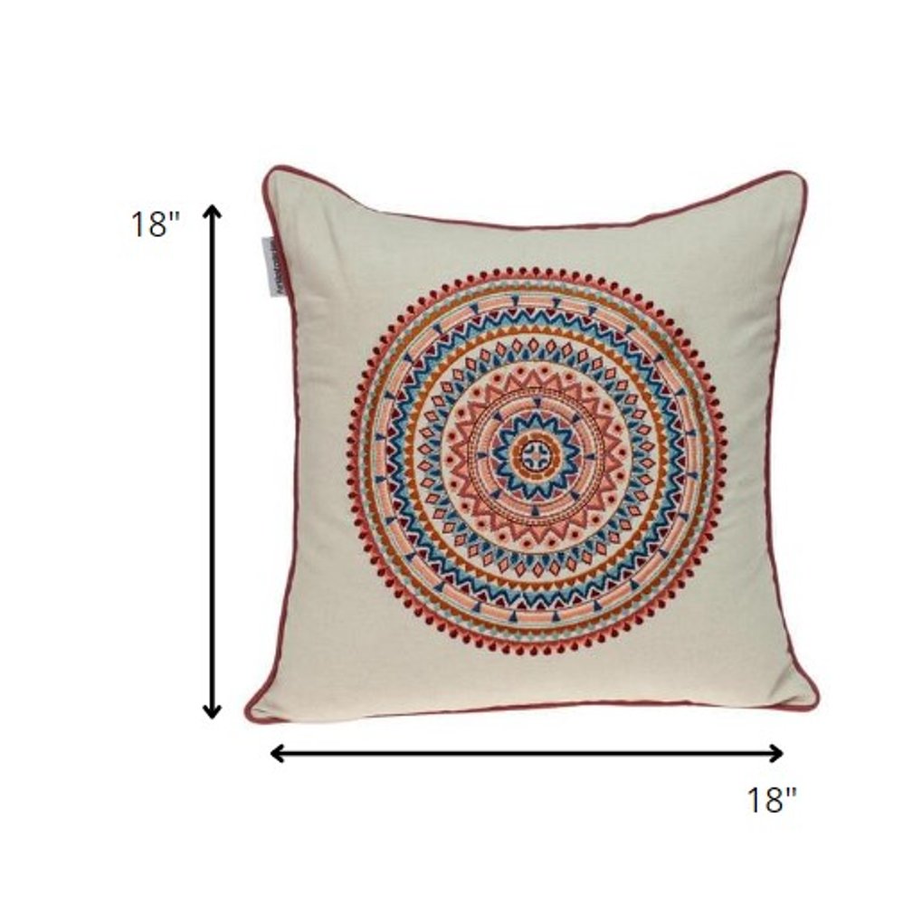 18" X 18" Beige and Blue Abstract Indoor Outdoor Throw Pillow. Outdoor pillow isolated on a plain white background, in a beige finish.