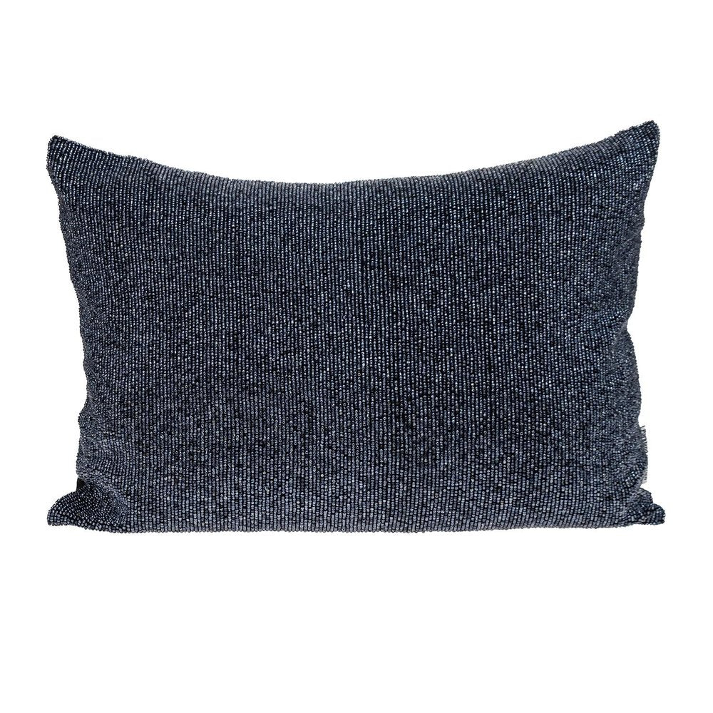 Rectangular throw pillow with a shimmering metallic blue beaded finish on a white background.
