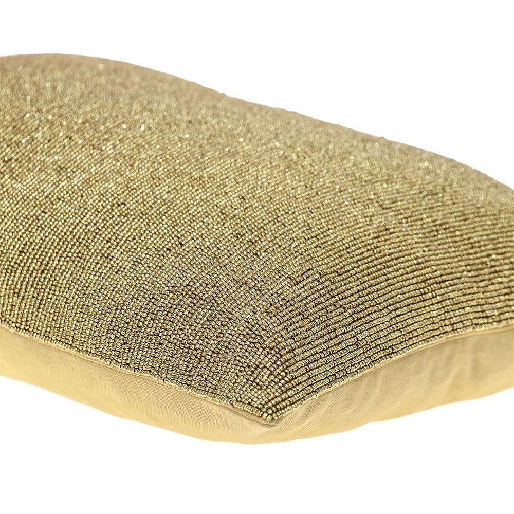 Shimmering Metallic Gold Beaded Luxury Throw Pillow on a white background