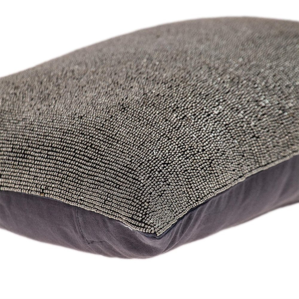 Shimmering Gray Beaded Luxury Throw Pillow on a white background