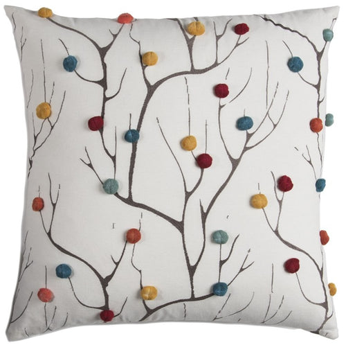 White throw pillow with a black tree branch design and colorful pompom accents.