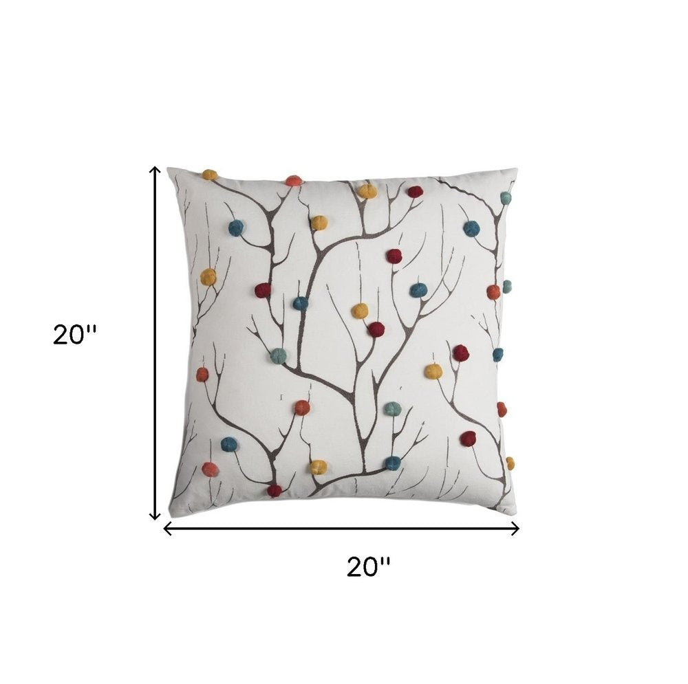 20" White And Black Coral Indoor Outdoor Throw Pillow With Pompoms. Outdoor pillow isolated on a plain white background, showing its white color.