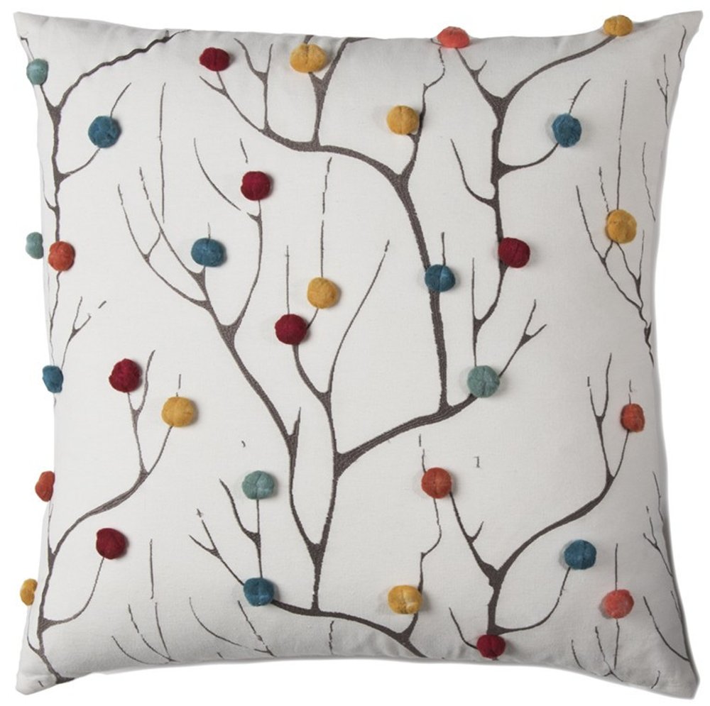 20" White And Black Coral Indoor Outdoor Throw Pillow With Pompoms. Outdoor pillow isolated on a plain white background, in a white finish.