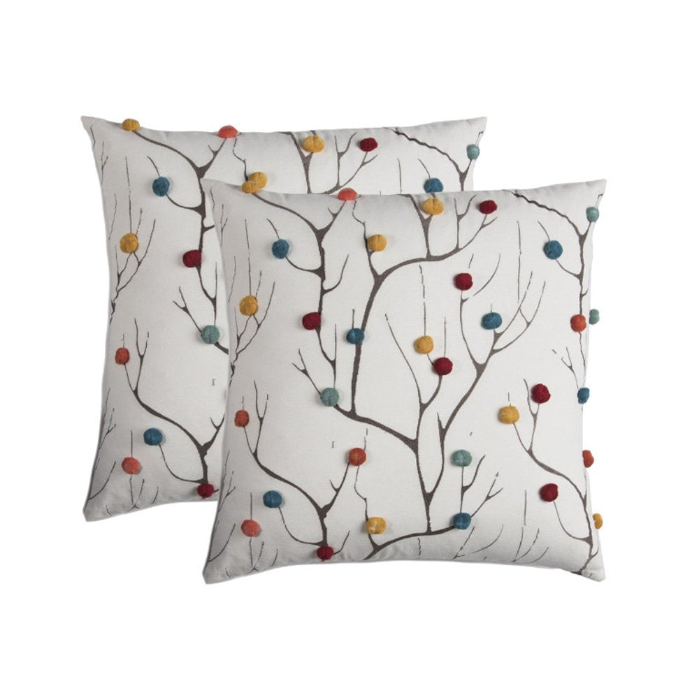 20" White And Black Coral Indoor Outdoor Throw Pillow With Pompoms. Outdoor pillow isolated on a plain white background, finished in white.