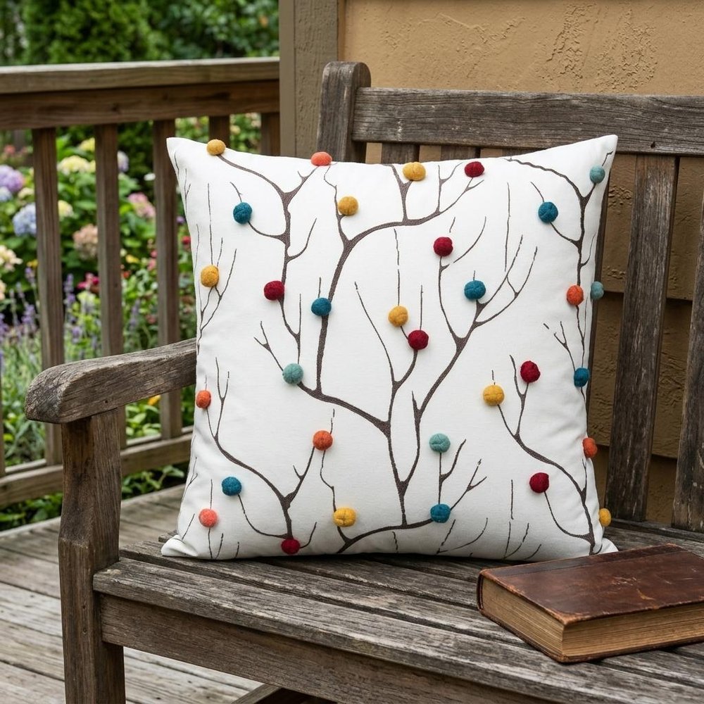 20" White And Black Coral Indoor Outdoor Throw Pillow With Pompoms shown outdoors on a patio with greenery.