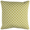 A square throw pillow with a green background and a white quatrefoil pattern, suitable for indoor or outdoor use.