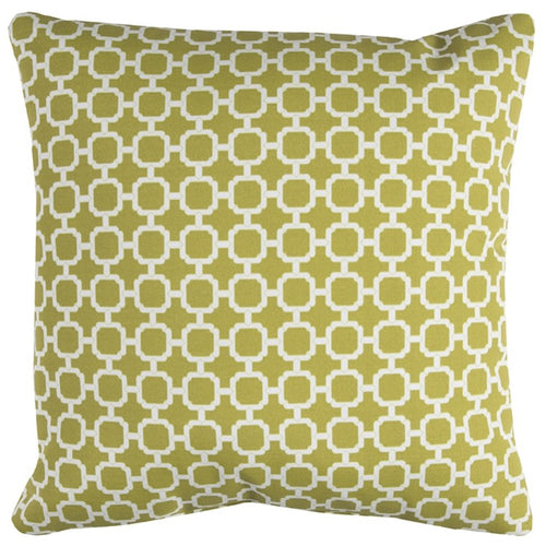 A square throw pillow with a green background and a white quatrefoil pattern, suitable for indoor or outdoor use.