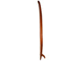 Side view of a 5" brown solid wood surfboard with a fin on a white background.