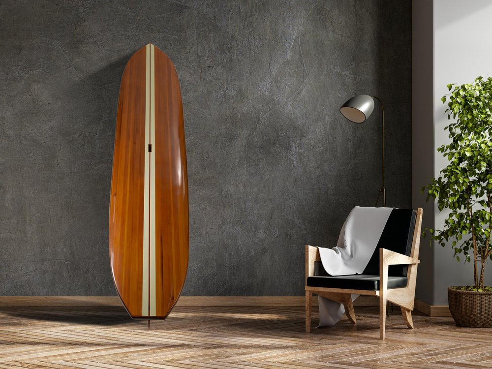 5" Brown Wood Outdoor Game styled in a furnished interior with a dark wall on a wood floor.