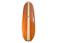 A polished wooden surfboard with two cream stripes on a white background.