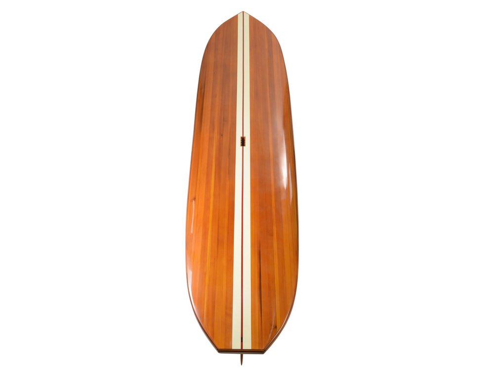 A polished wooden surfboard with two cream stripes on a white background.