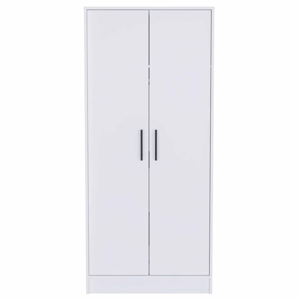 White double door wardrobe with black handles against a white background.