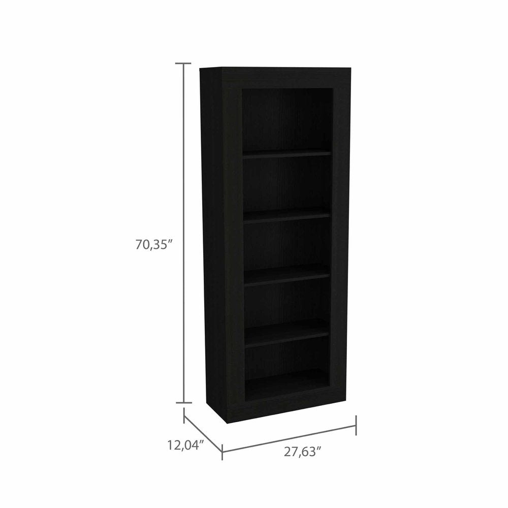 Black five-tier bookcase with dimensions 70.35" H x 27.63" W x 12.04" D, shown against a white background.