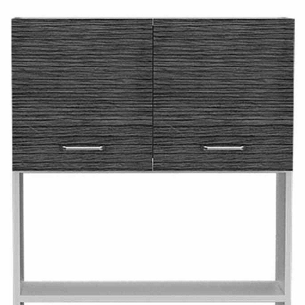 24" White and Gray Wood Flat Door Kitchen Cart With Storage. Kitchen cart isolated on a plain white background, in a gray wood finish.