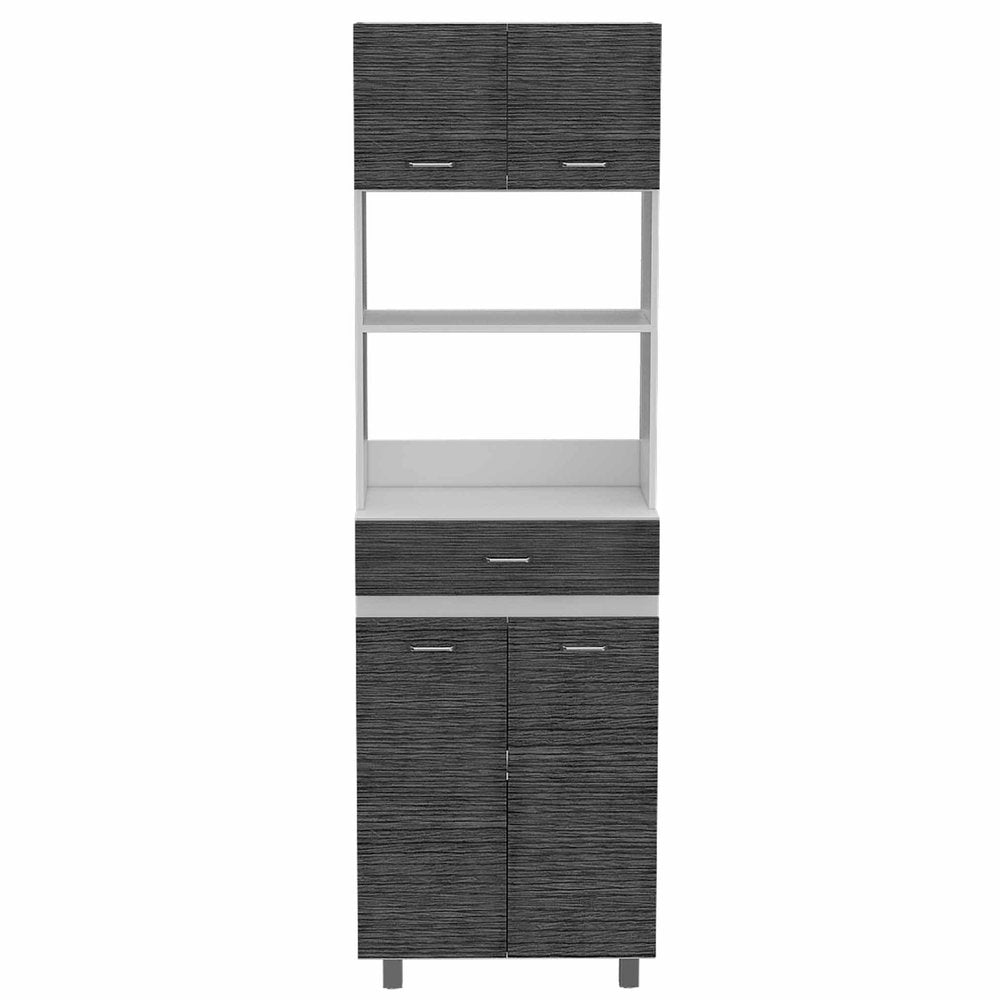 Tall gray and white kitchen cart with two upper cabinets, two open shelves, one drawer, and two lower cabinets on a white background.