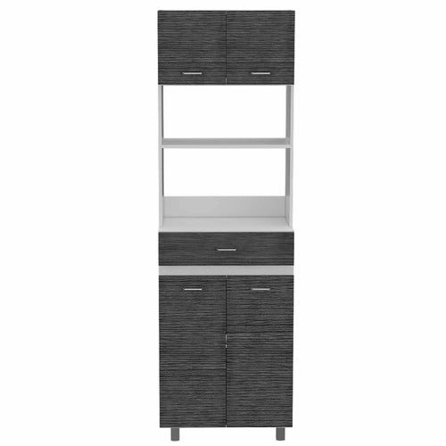 Tall gray and white kitchen cart with two upper cabinets, two open shelves, one drawer, and two lower cabinets on a white background.