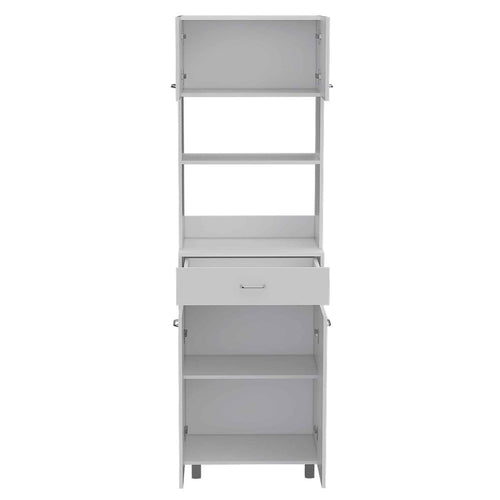 White wood kitchen cart with open doors and drawer, featuring multiple shelves and a white background.