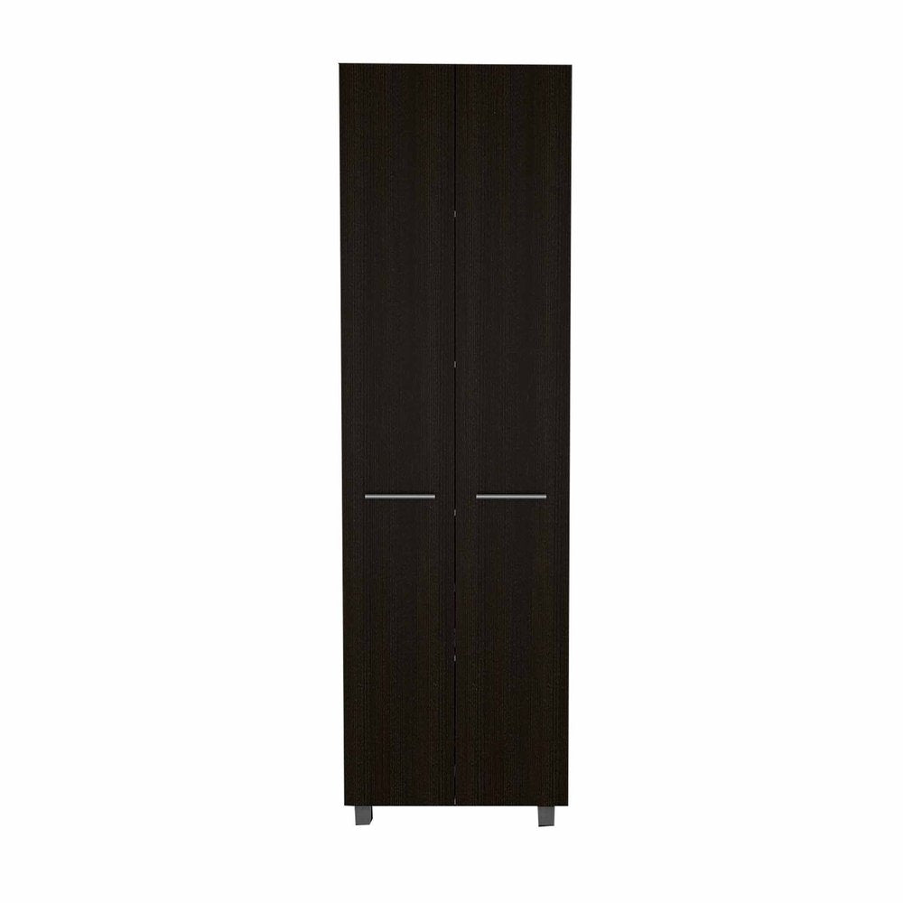 Tall, dark wood pantry or storage closet with two doors and silver handles, on a white background.