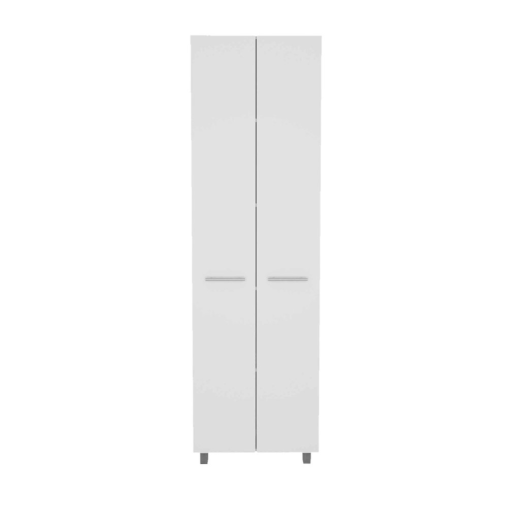 White two-door pantry cabinet with silver handles and grey feet on a white background.